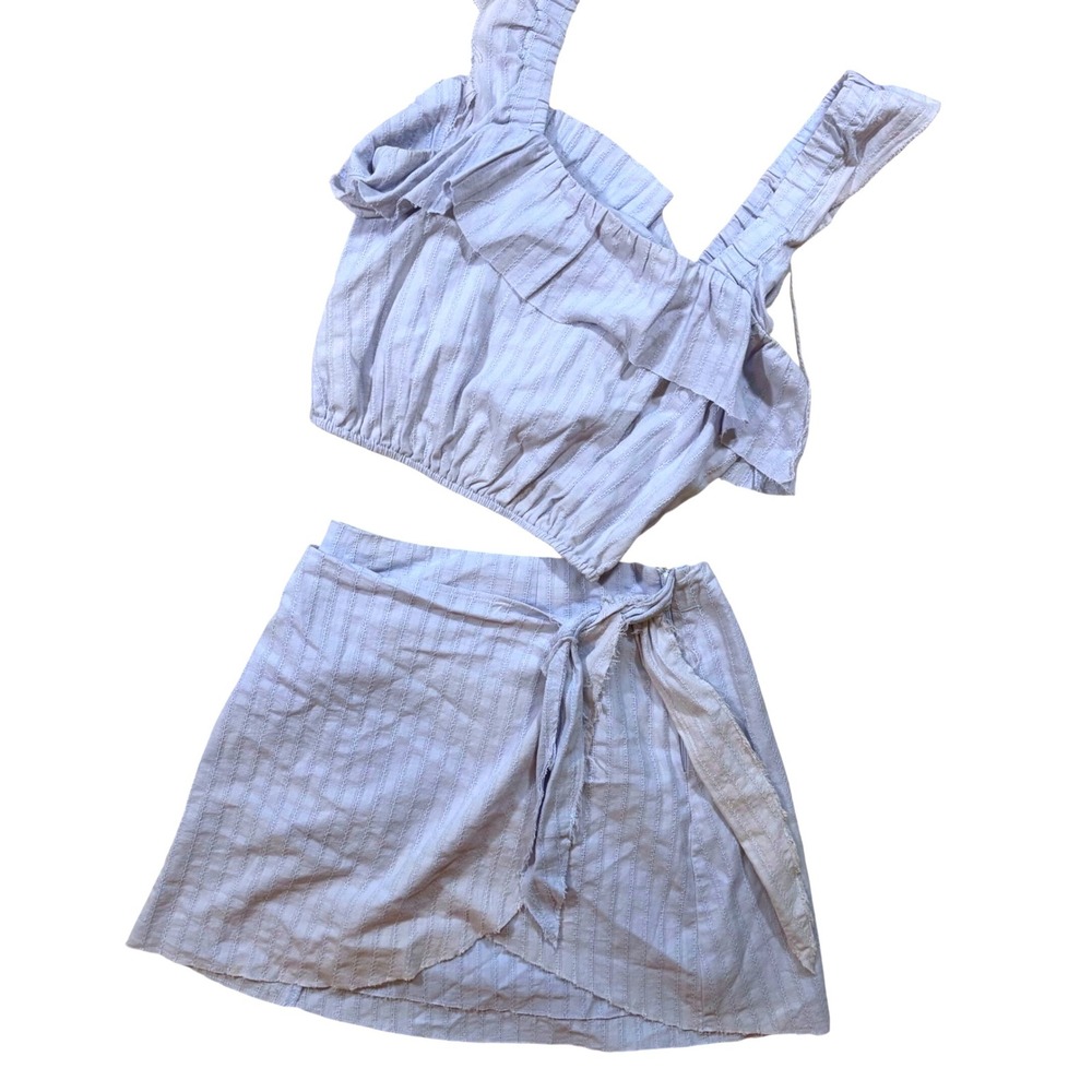 Cottagecore Cute Show Me Your Mumu Iva Wrap Skirt Ruffle Crop Top Set Blue XS